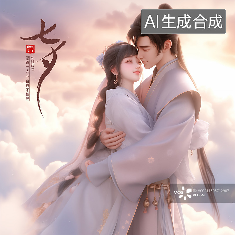 【AI数字艺术】七夕情人节的一对恋人 在云朵里拥抱的古典风格男女3D卡通人物插画海报模版图片素材