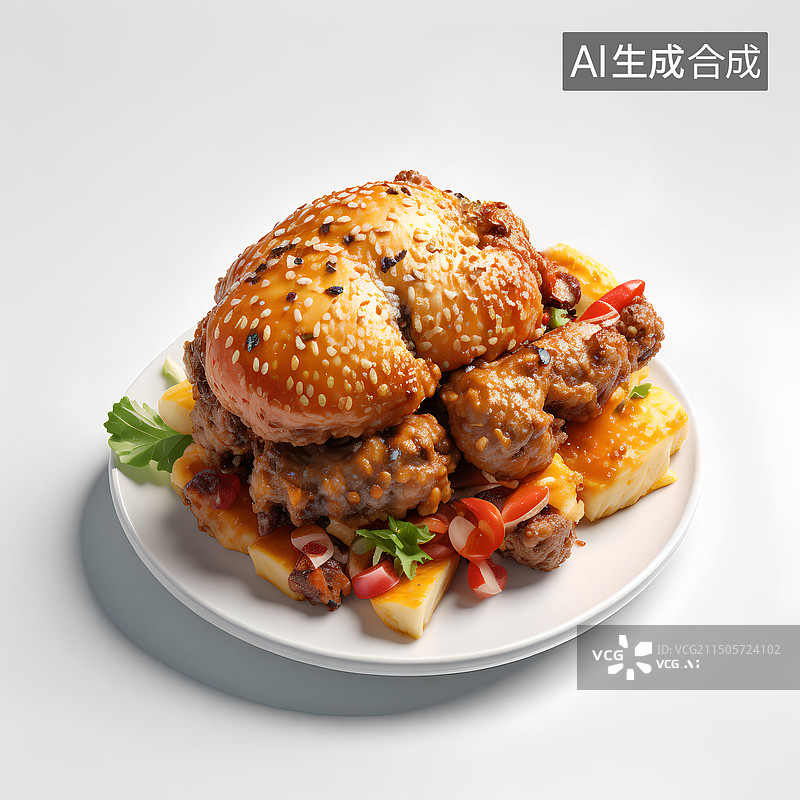 【AI数字艺术】白色背景下盘子里炸鸡特写模型插画图片素材