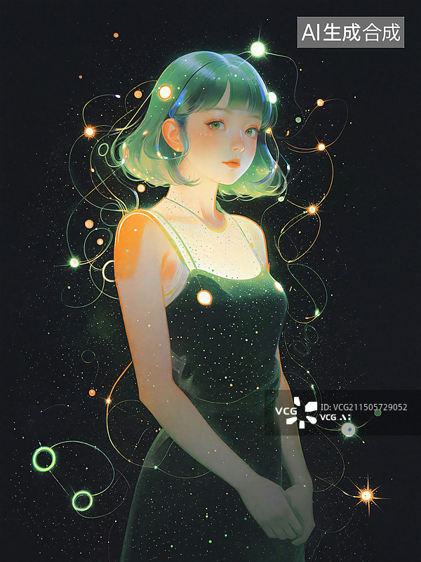 【AI数字艺术】暗夜微光，女孩，绿头发，短发，发光图片素材