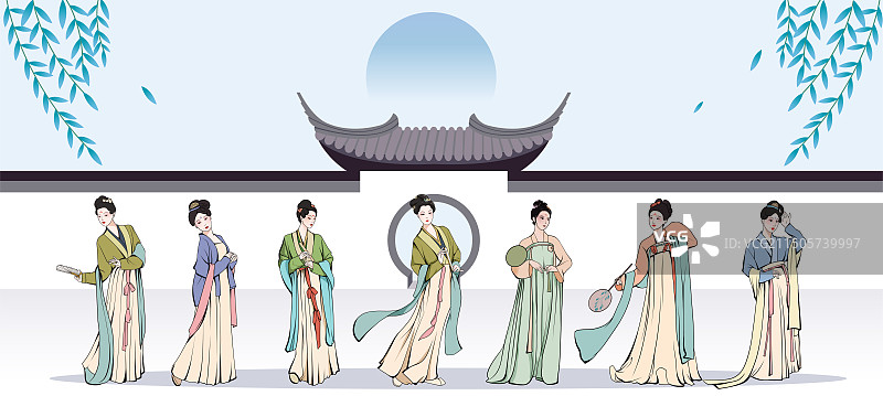 国潮风古人古代女子唐朝汉服人物扁平风插画图片素材