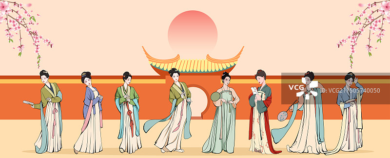 国潮风古人古代女子唐朝汉服人物扁平风插画图片素材