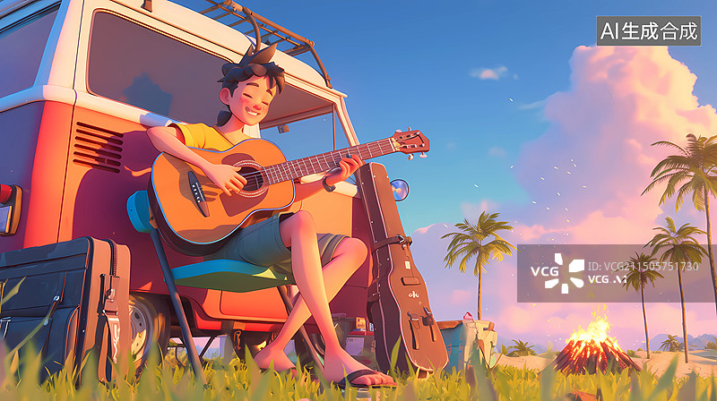 【AI数字艺术】一个男人在户外弹吉他图片素材