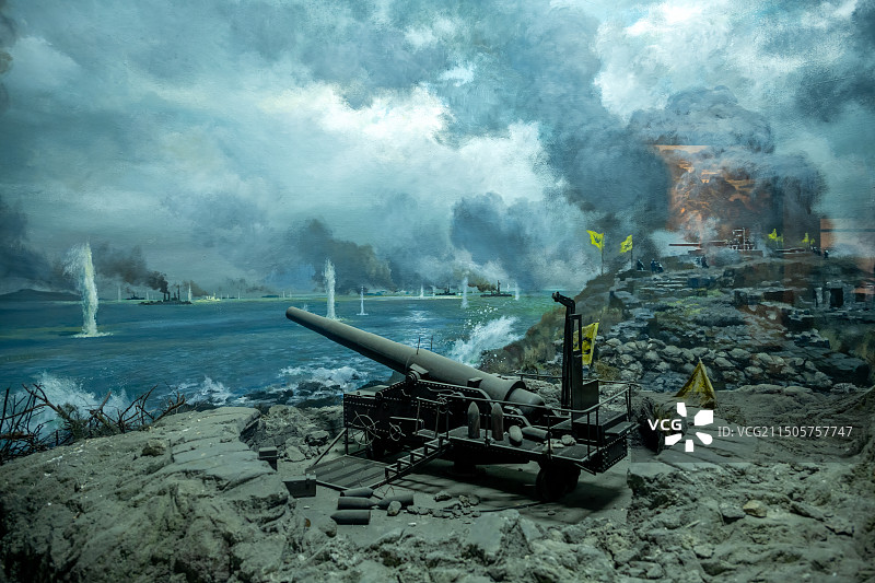 中国山东省威海市刘公岛甲午中午战争博物馆内的日岛炮台插画图片素材