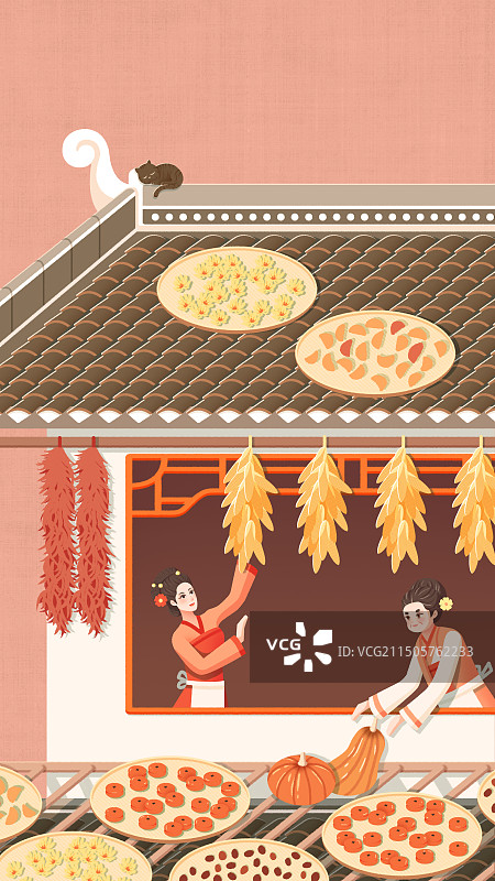国风二十四节气立秋晒秋民俗插画图片素材