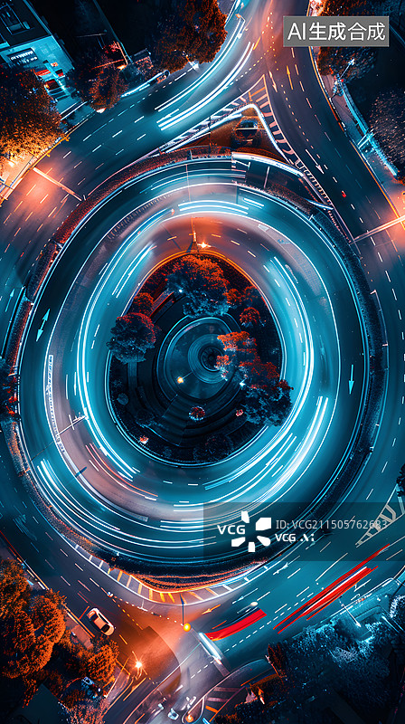 【AI数字艺术】城市俯拍环岛车流流光背景插画图片素材