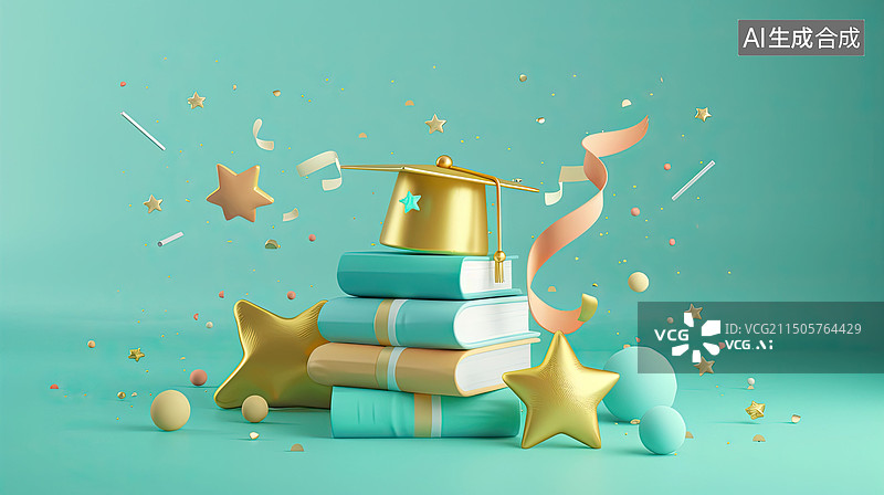 【AI数字艺术】青色的学士帽学历学位儿童教育三维场景图片素材