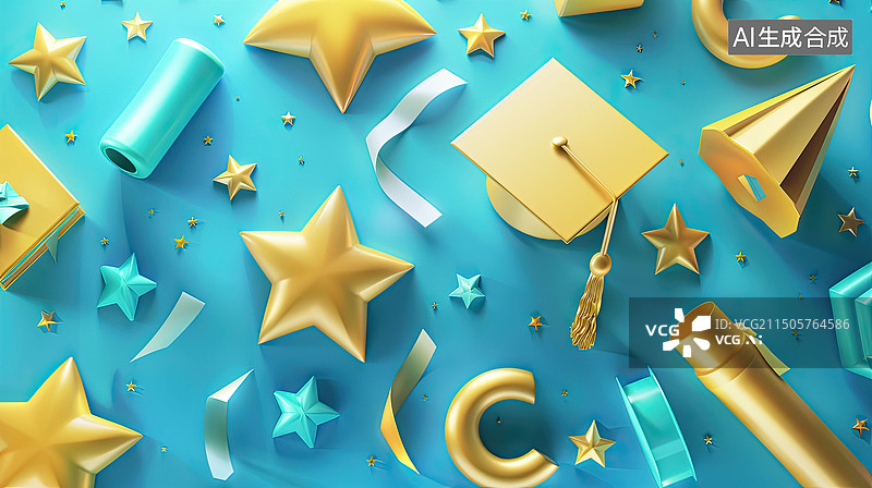 【AI数字艺术】平铺着的星星和学士帽等素材插画图片素材