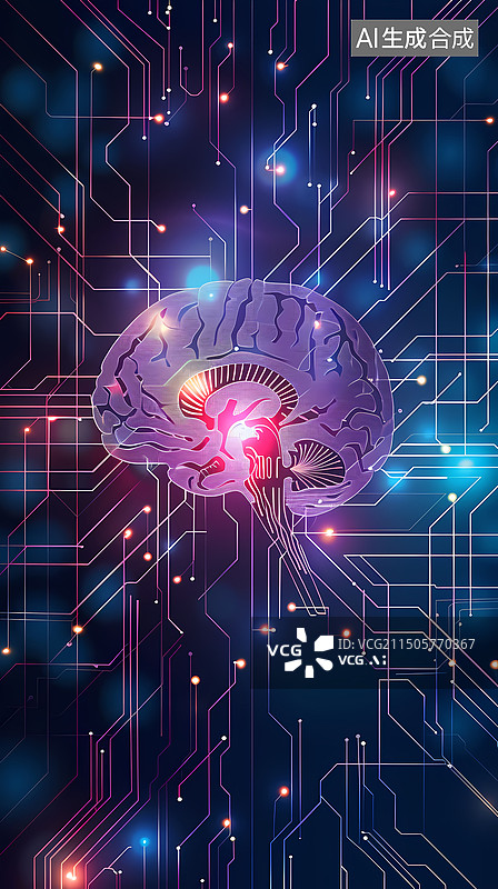 【AI数字艺术】人工智能脑机神经网络概念插画背景图片素材