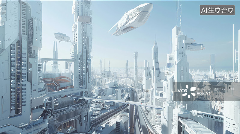 【AI数字艺术】未来科技感的赛博风格城市航拍插画图片素材