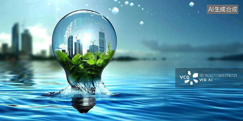 【AI数字艺术】灯泡与城市创意合成概念场景图片素材