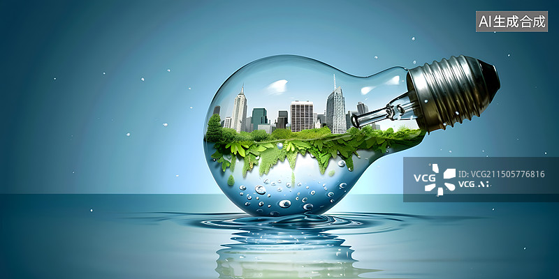 【AI数字艺术】灯泡与城市创意合成概念场景图片素材