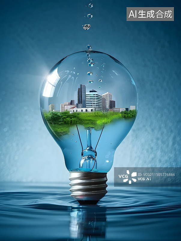 【AI数字艺术】灯泡与城市创意合成概念场景图片素材