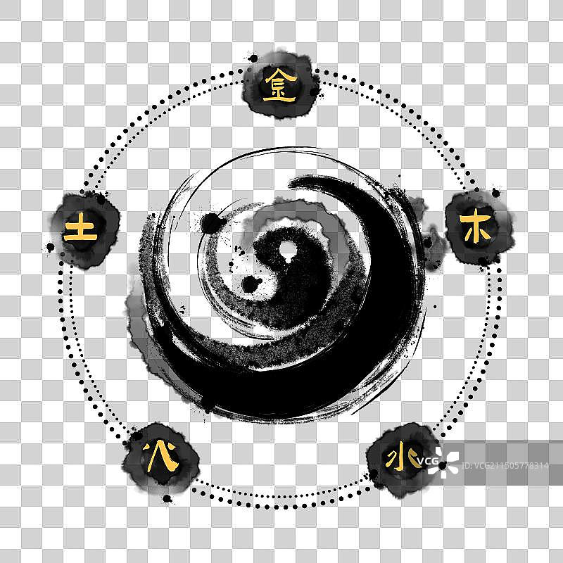 太极图案元素，水墨金木水火土。图片素材