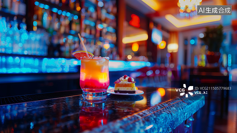 【AI数字艺术】酒吧吧台上的鸡尾酒和蛋糕点心的特写图片素材