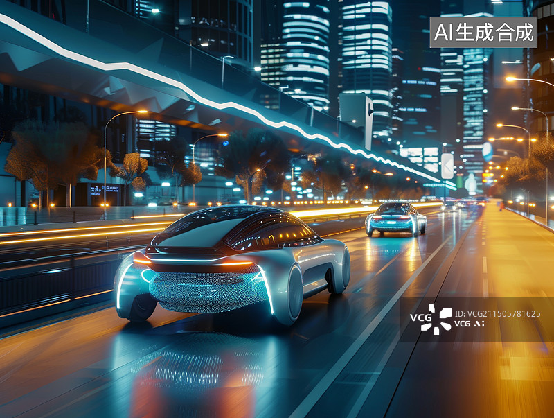 【AI数字艺术】夜晚城市道路上行驶的一辆智能网联车图片素材