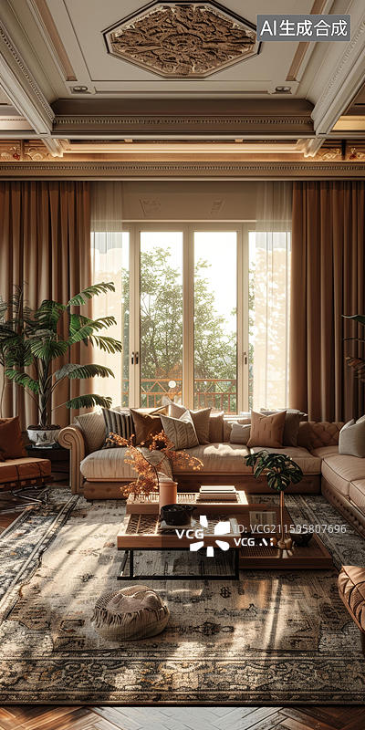 【AI数字艺术】采光极佳的大窗户和室内植物让客厅更明亮图片素材