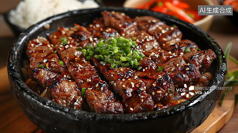 【AI数字艺术】黑石碗中美味的牛肉照烧配芝麻和葱图片素材