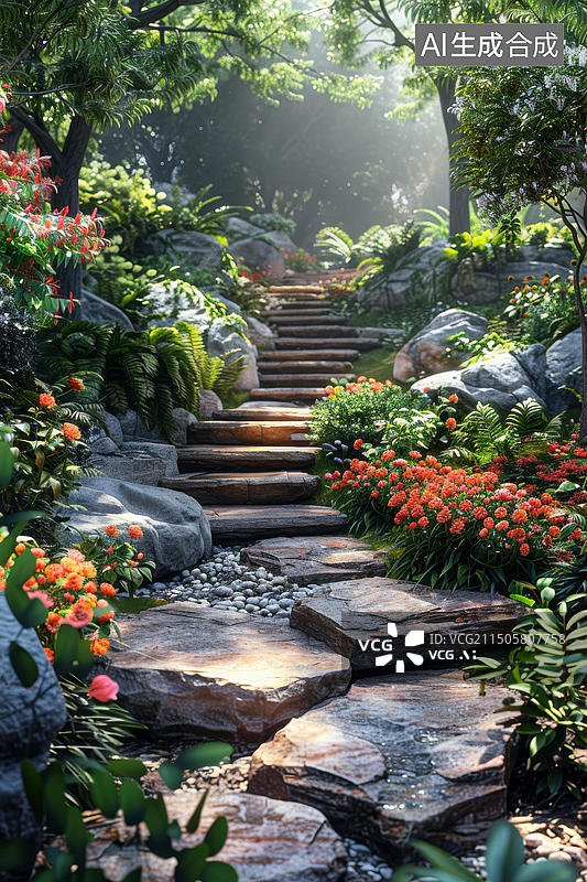 【AI数字艺术】森林石板路图片素材