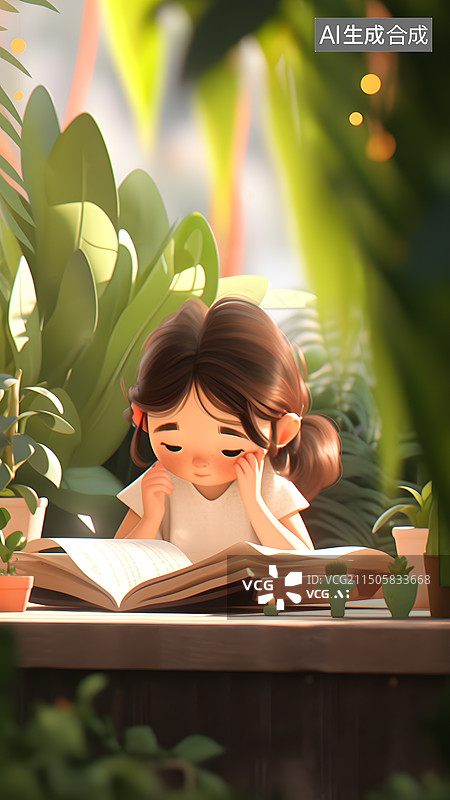 【AI数字艺术】植物背景下看书的小学生图片素材