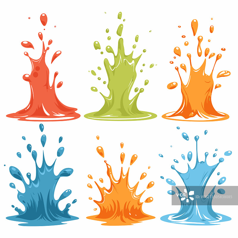六个卡通颜料飞溅，多种颜色隔离图片素材