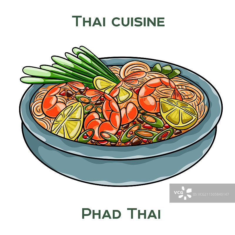 白色餐盘上的传统泰式炒河粉图片素材