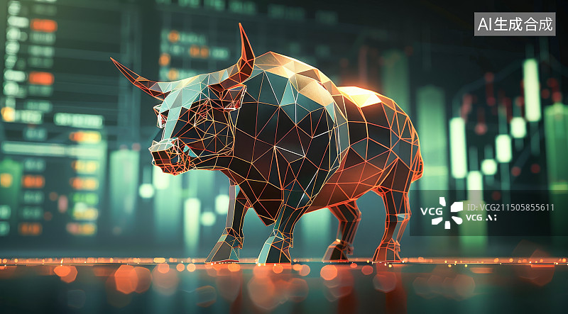 【AI数字艺术】金融股票交易所和铜铸的公牛雕塑，背景是股票交易K线图图片素材