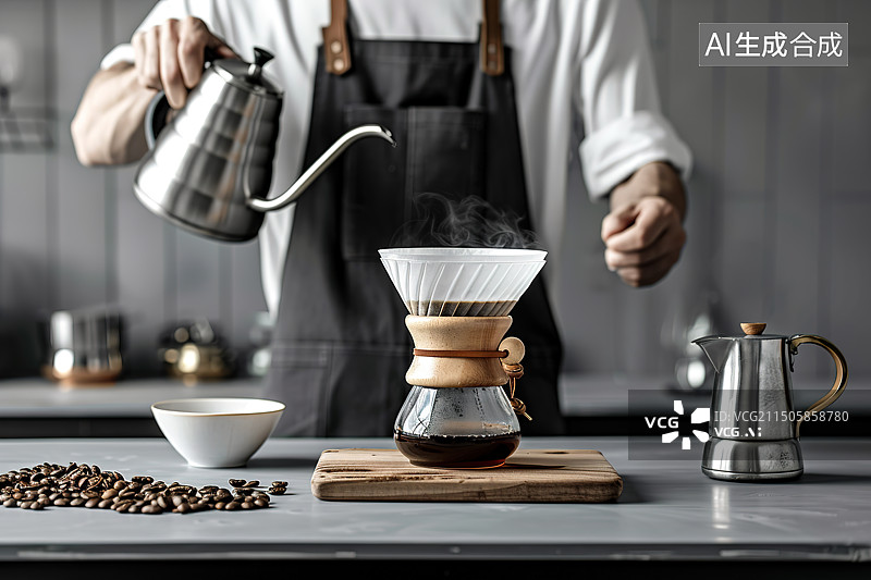 【AI数字艺术】咖啡师制作手冲咖啡过程图片素材