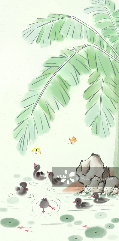 新中式清新插画一群小鸭子在芭蕉叶下的池塘戏水图片素材