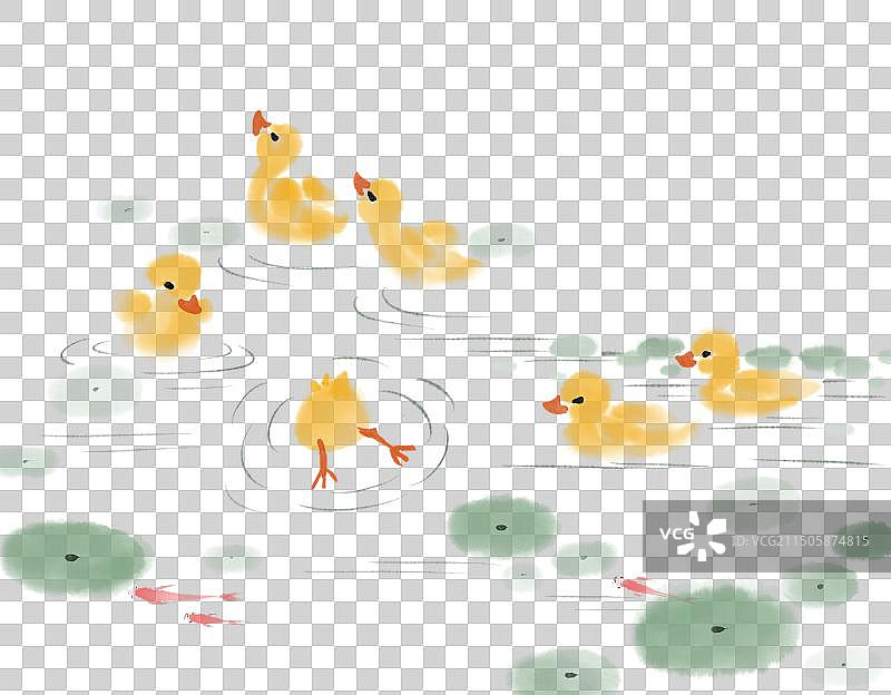 新中式清新插画戏水的小黄鸭子图片素材