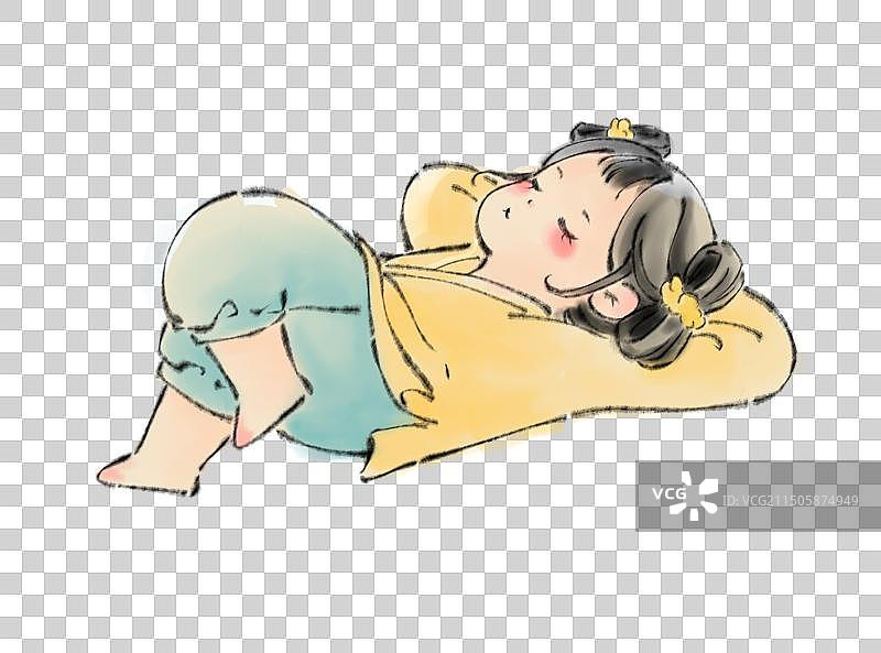 新中式清新水墨插画悠闲躺着休息的小女孩图片素材