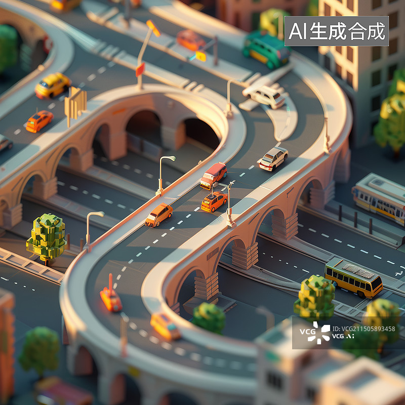 【AI数字艺术】城市建筑与交通枢纽微缩景观模型图片素材