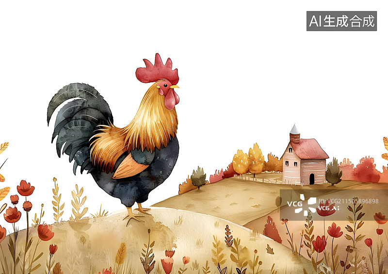 【AI数字艺术】水彩插画一只大公鸡图片素材