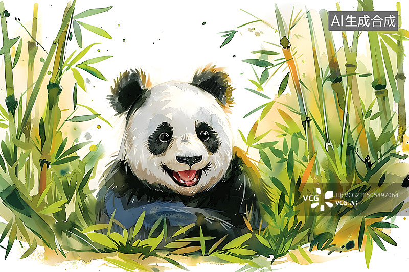 【AI数字艺术】竹林里一只可爱大熊猫水彩插画图片素材