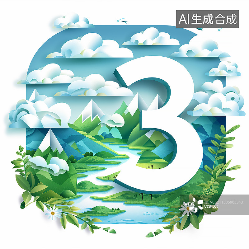 【AI数字艺术】数字3艺术字体设计扁平化风格山水插画 云朵和植物图片素材