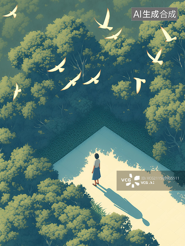 【AI数字艺术】夏天站在校园最高处俯视地面的女学生风景插画 夏天绿色小清新日系风格校园插画 竖版图片素材