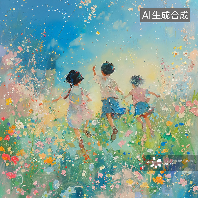 【AI数字艺术】油画风格 几个孩子在花丛里玩耍 春天户外风景插画图片素材