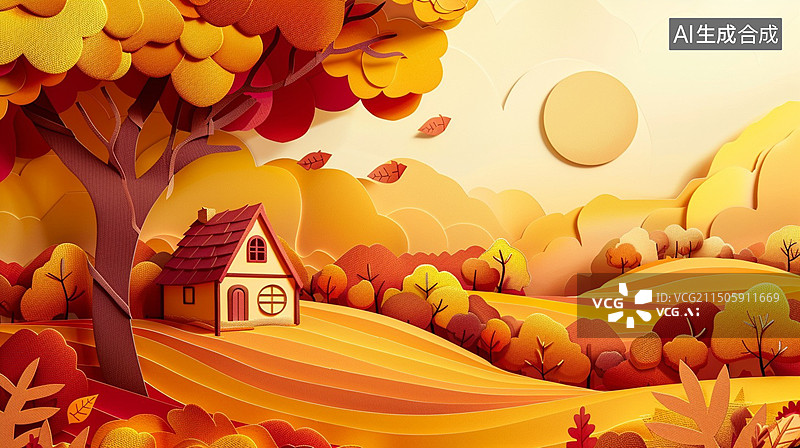 【AI数字艺术】剪纸风格秋天的美景图片素材