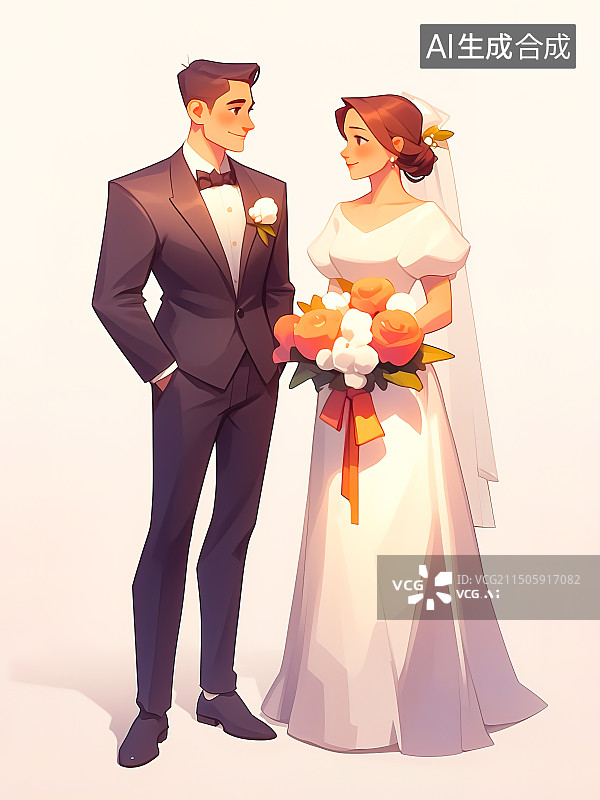 【AI数字艺术】幸福甜蜜的新郎和新娘，一对浪漫的新婚夫妇站在白色背景下的肖像图片素材