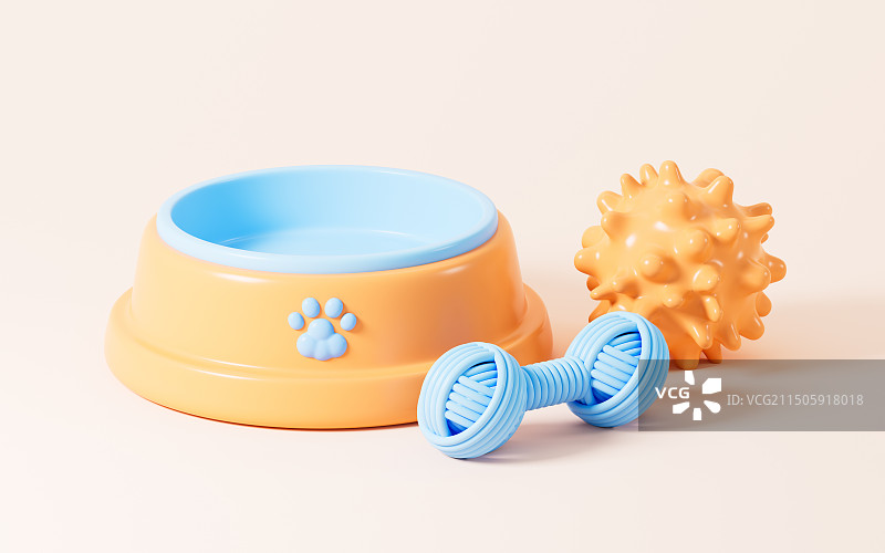 卡通宠物碗和宠物玩具3D渲染图片素材