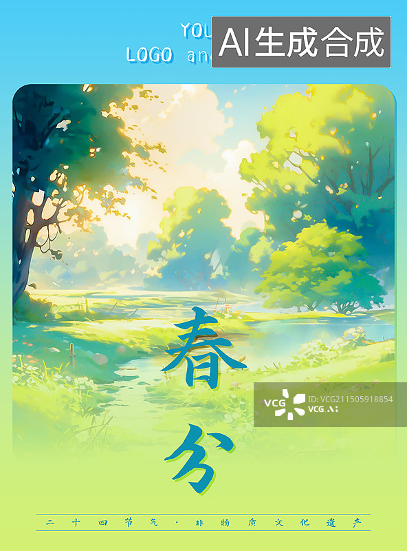 【AI数字艺术】春分，春天节气海报设计模板，美丽的自然风景插画图片素材