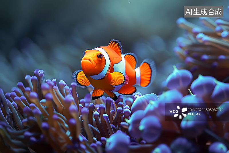 【AI数字艺术】热带海洋珊瑚礁丛中共生的海葵和小丑鱼图片素材