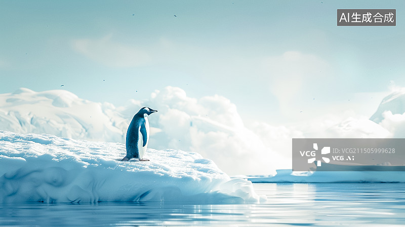 【AI数字艺术】一只企鹅站在冰山上仰望大海图片素材