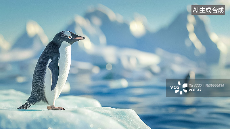 【AI数字艺术】一只企鹅站在冰山上仰望大海图片素材
