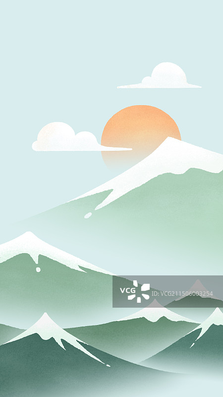 雪山上的夕阳插画图片素材