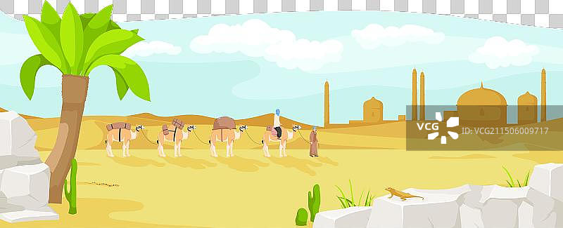 穿着传统服饰的贝都因人和骆驼商队图片素材