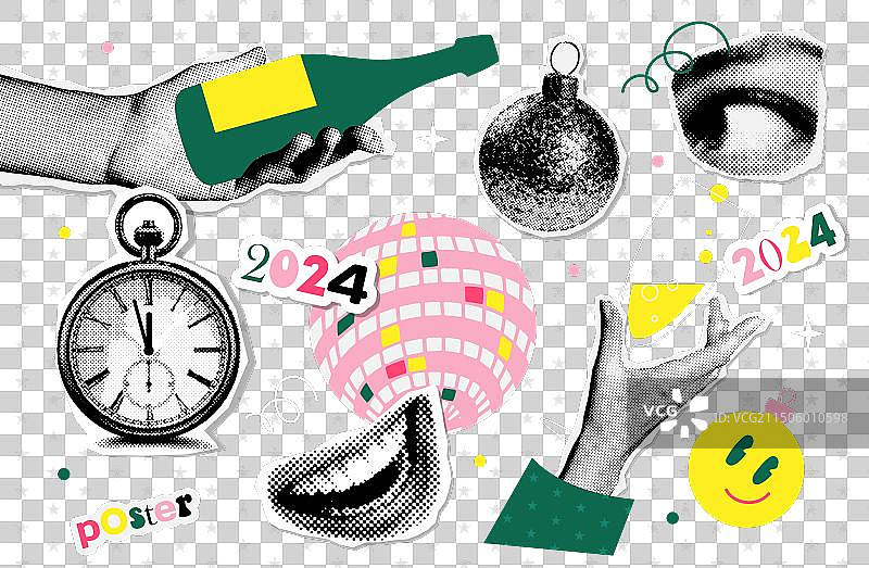 复古圣诞节和新年半色调拼贴画图片素材