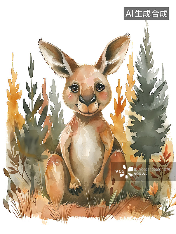 【AI数字艺术】水彩插画树林里的一只袋鼠图片素材