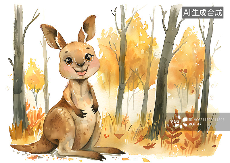 【AI数字艺术】水彩插画树林里的一只袋鼠图片素材