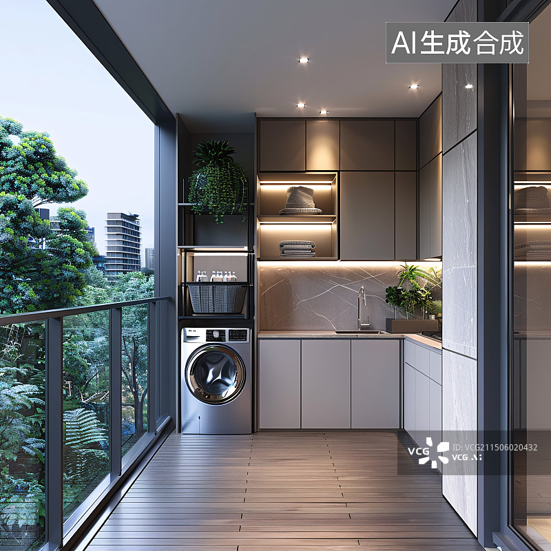 【AI数字艺术】现代豪华装修阳台上的洗衣机室内空间设计图片素材