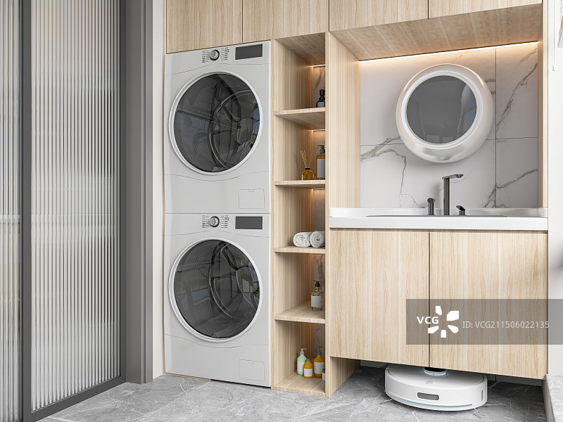 现代阳台嵌入式洗衣机和智能扫拖地机器人图片素材